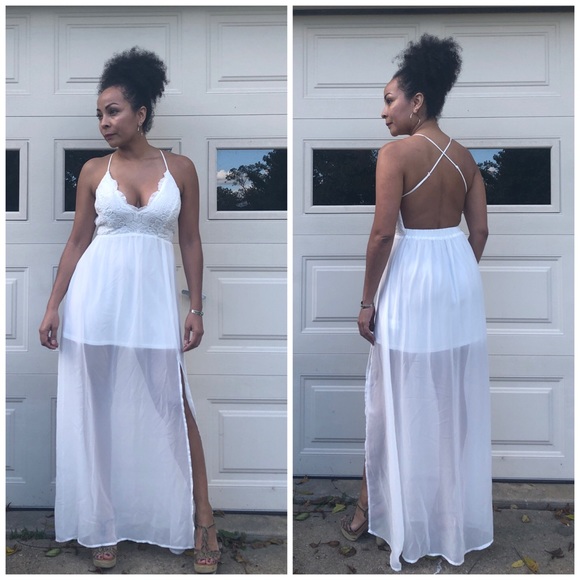 Dresses & Skirts - Off White Lace Chiffon Maxi Dress Low Back Sz S
